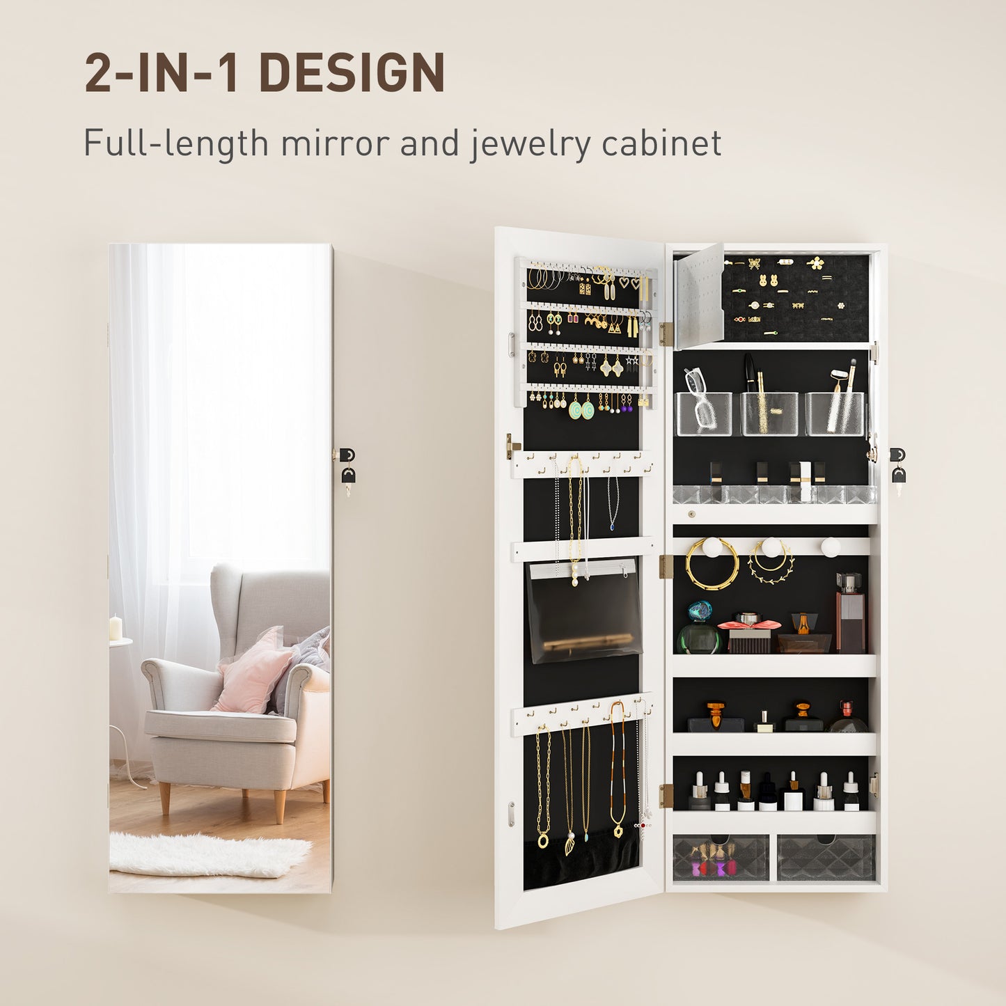 Door Hanging or Wall Mounted Jewellery Cabinet w/ Mirror Black Lining