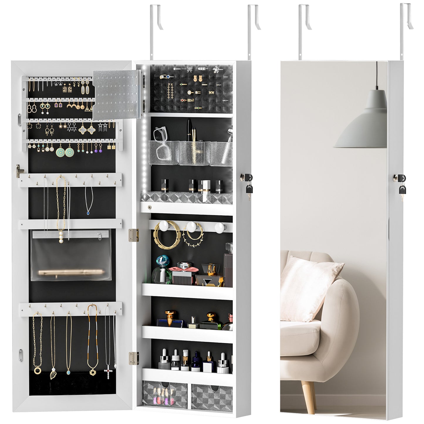 Door Hanging or Wall Mounted Jewellery Cabinet w/ Mirror Black Lining