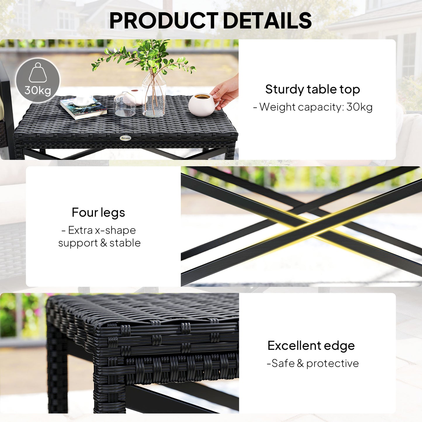 Outdoor Coffee Table, PE Rattan Side Table w/ Plastic Board, Black
