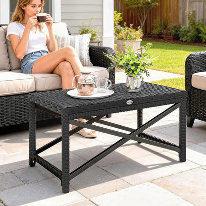 Outdoor Coffee Table, PE Rattan Side Table w/ Plastic Board, Black