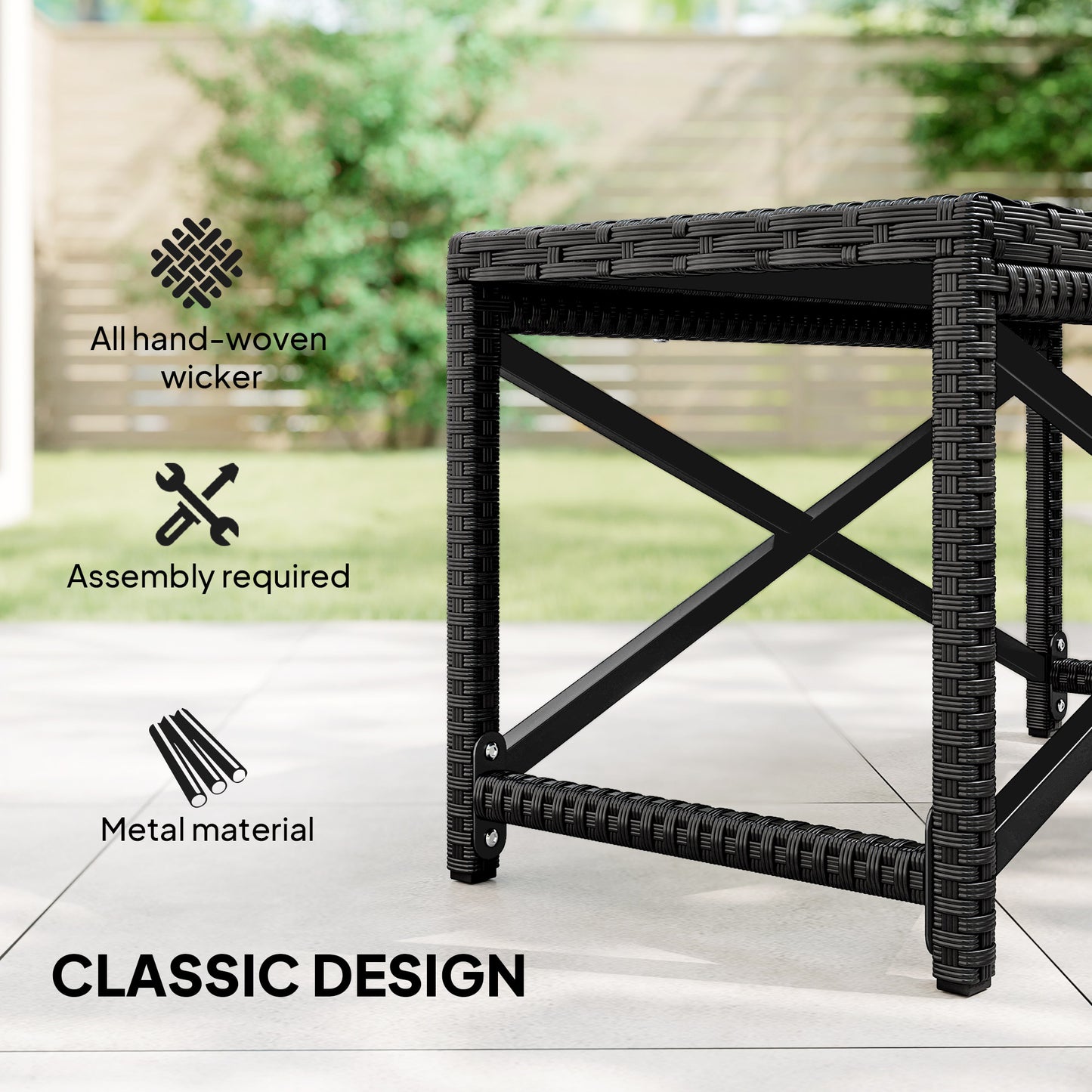 Outdoor Coffee Table, PE Rattan Side Table w/ Plastic Board, Black