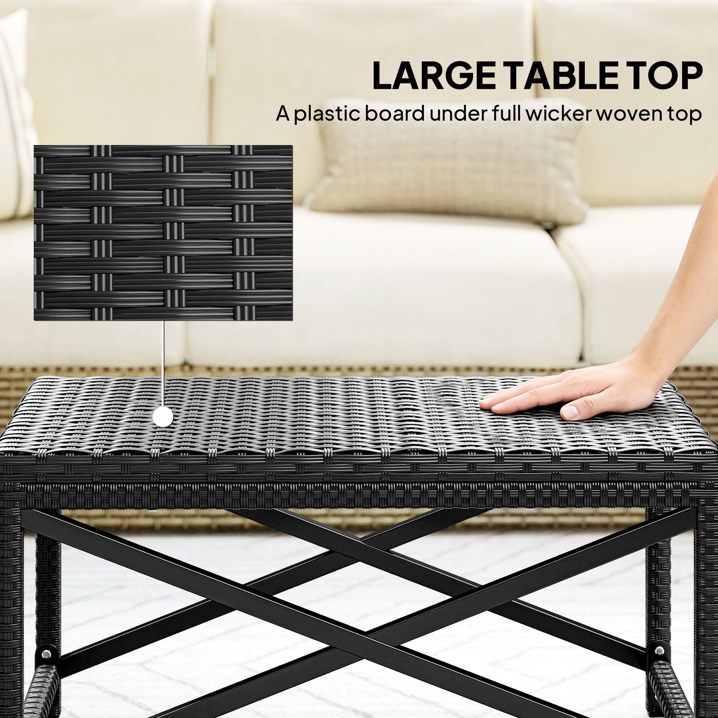 Outdoor Coffee Table, PE Rattan Side Table w/ Plastic Board, Black