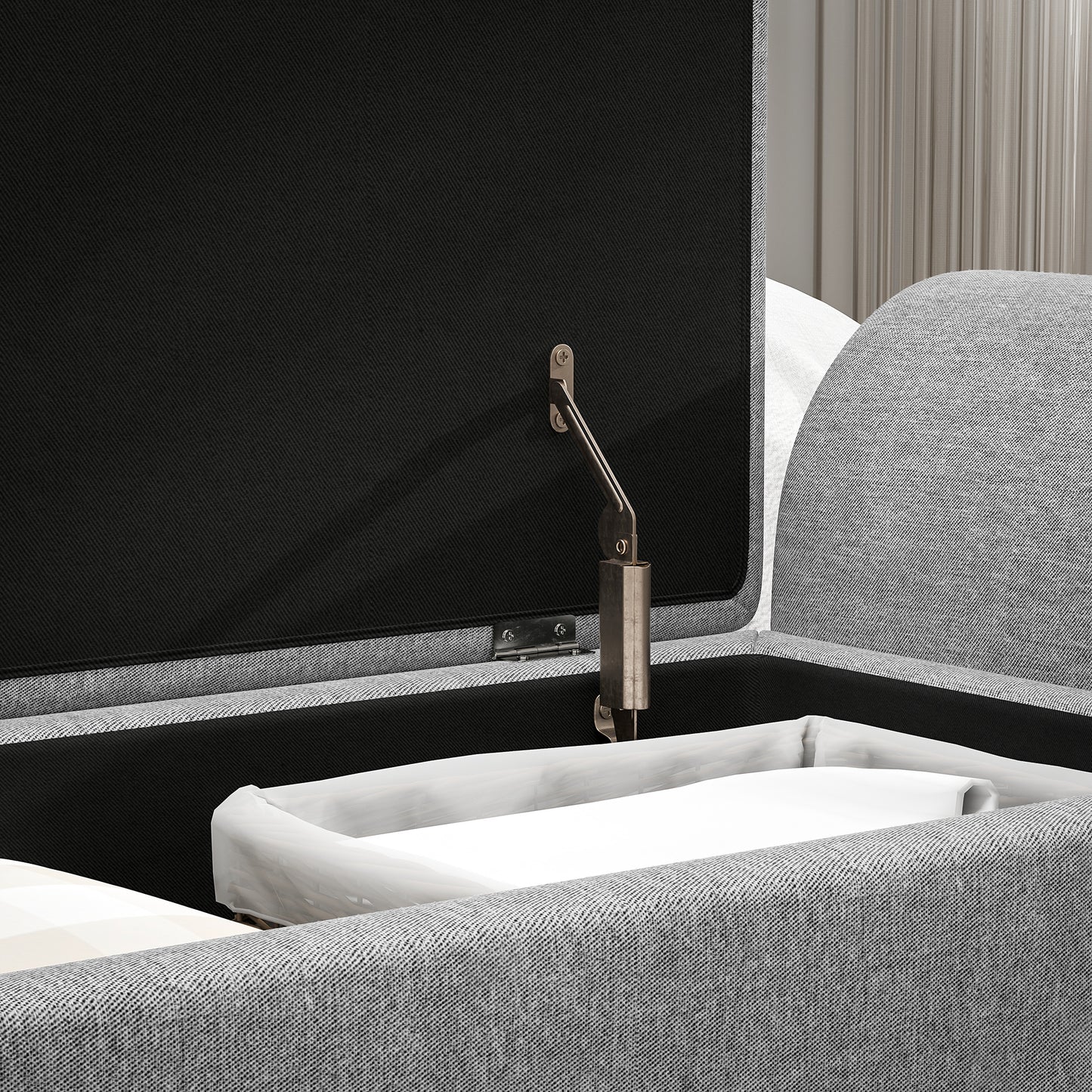 Storage Ottoman with Armrest, Upholstered Linen Storage Bench