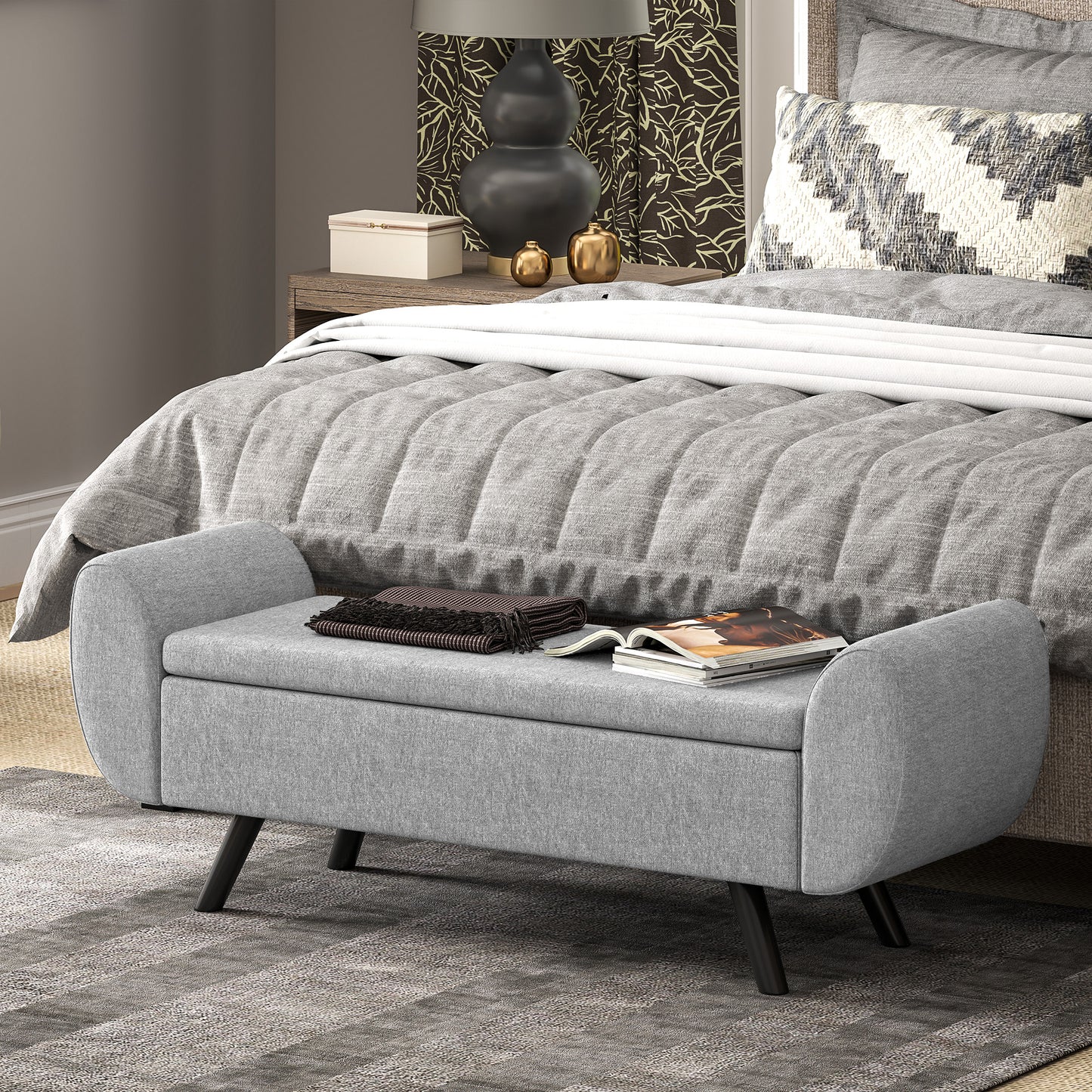 Storage Ottoman with Armrest, Upholstered Linen Storage Bench