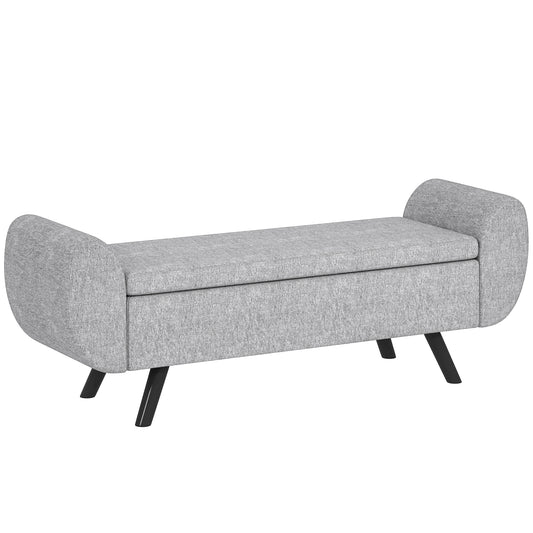 Storage Ottoman with Armrest, Upholstered Linen Storage Bench