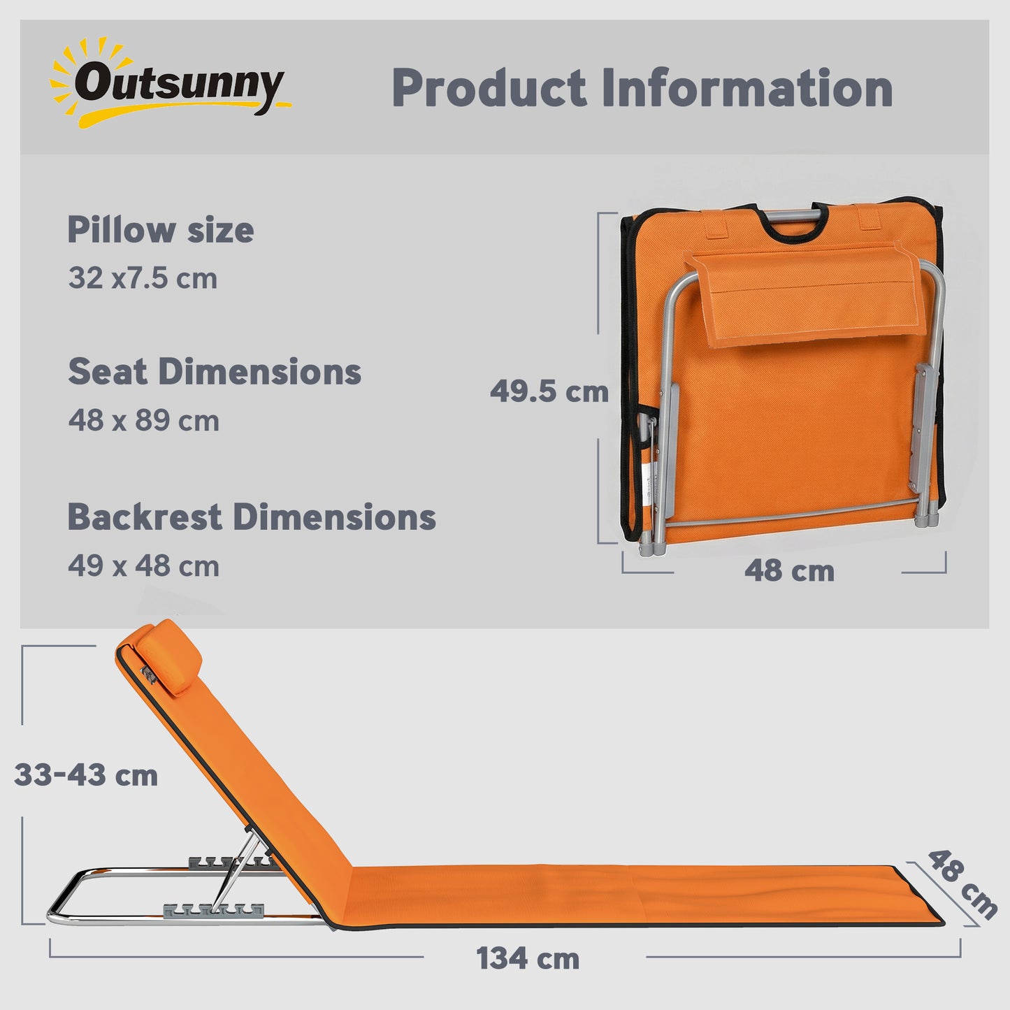 2 Pieces Outdoor Beach Mat Steel Reclining Chair Set Orange