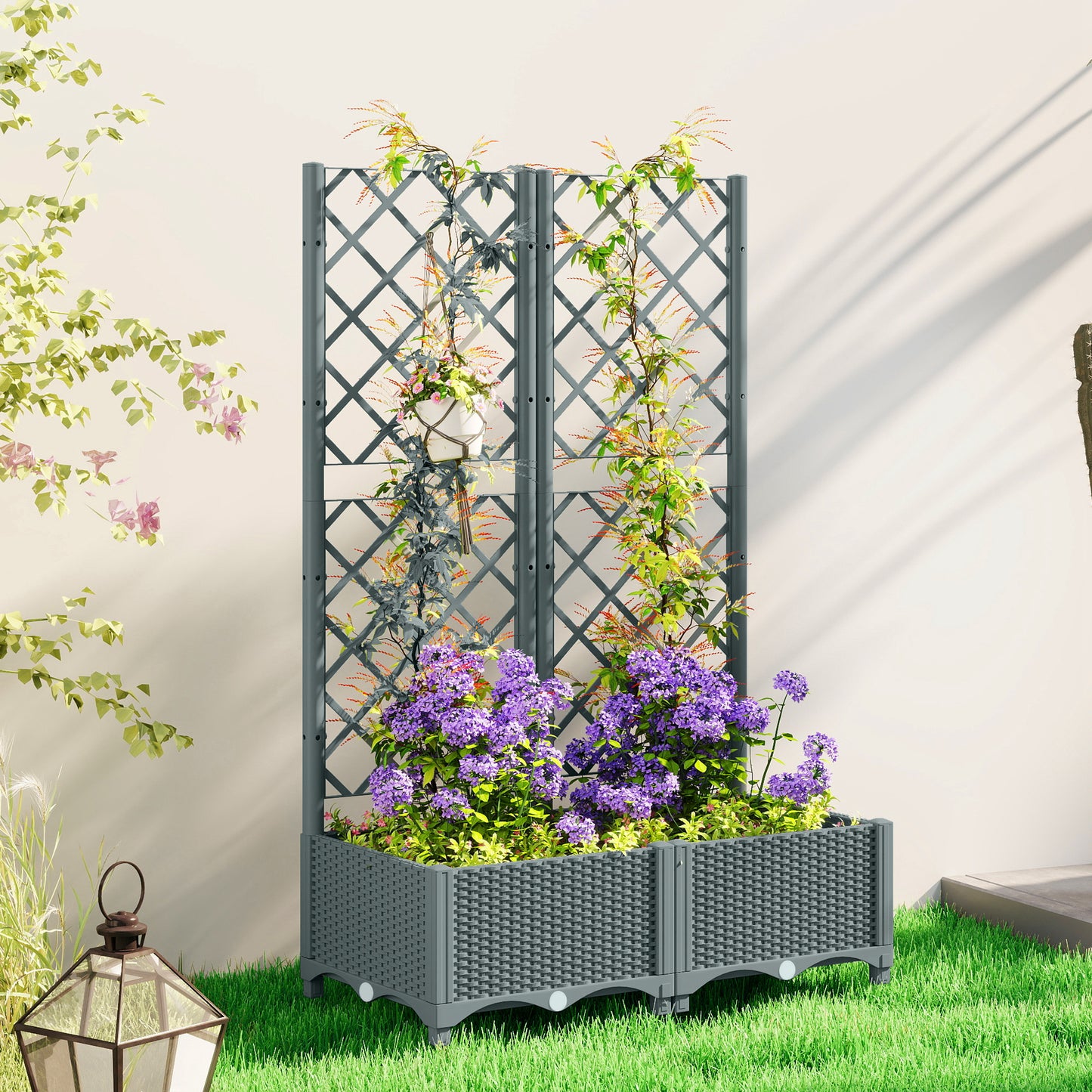 Plastic Planter Box with Trellis, Vegetable Planter w/ Drain Plugs