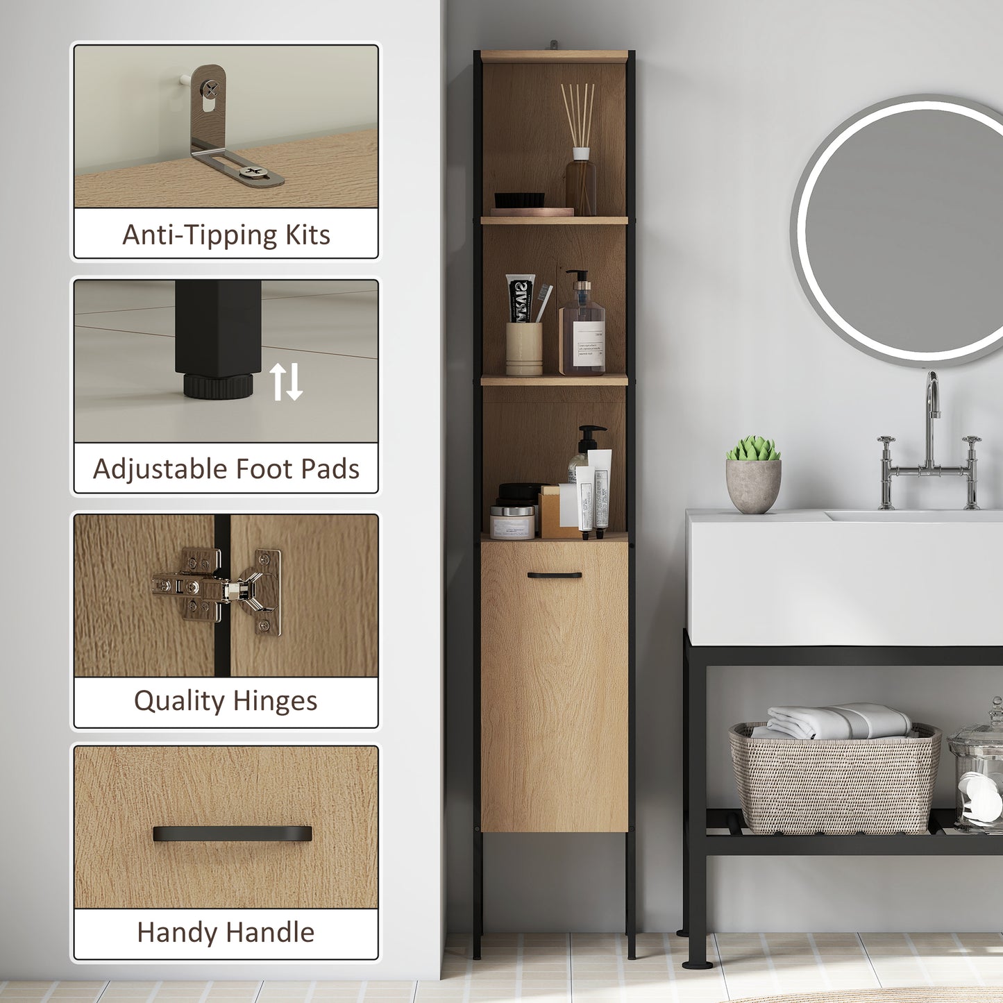 Tall Bathroom Cabinet with 3 Open Shelves Adjustable Shelf, Natural