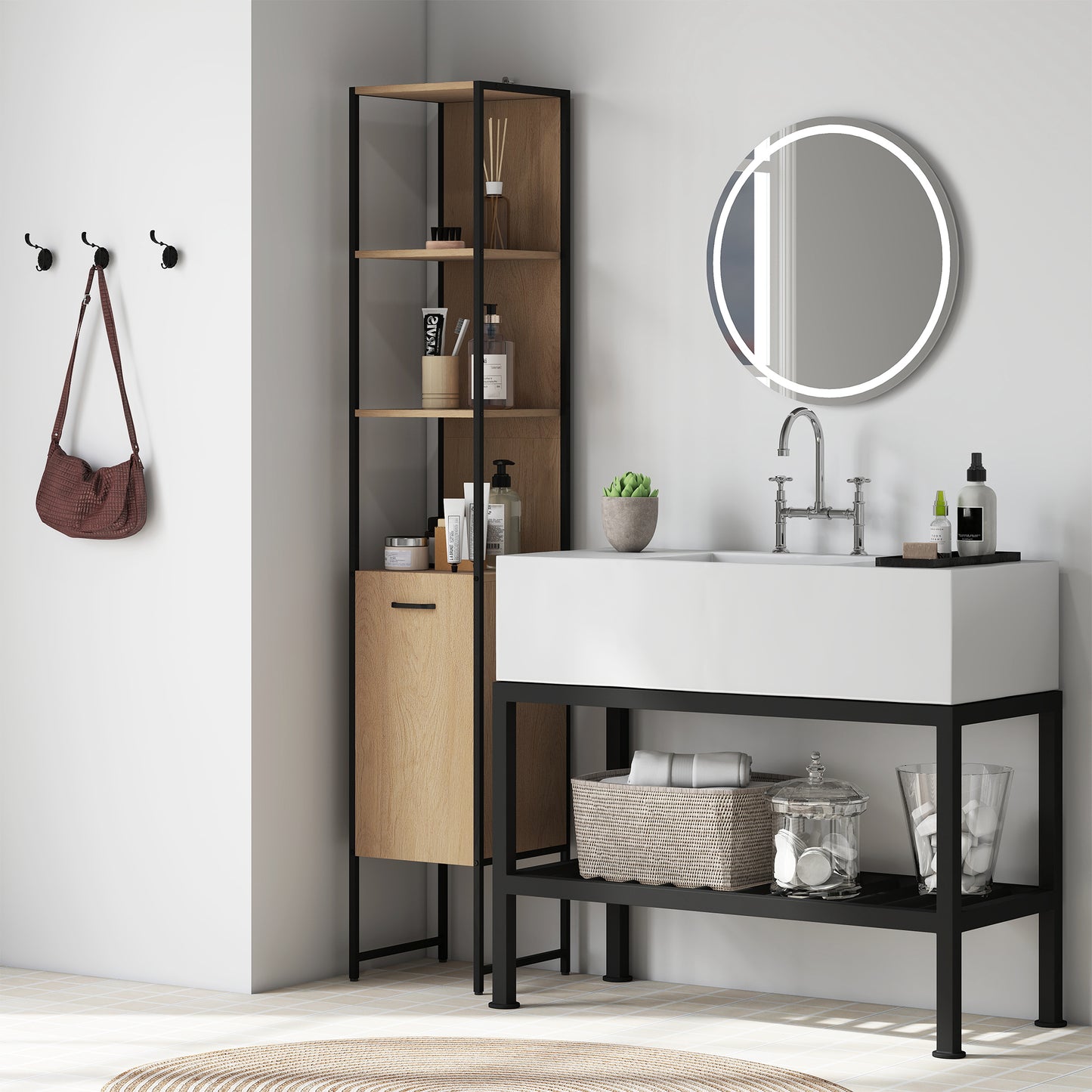 Tall Bathroom Cabinet with 3 Open Shelves Adjustable Shelf, Natural