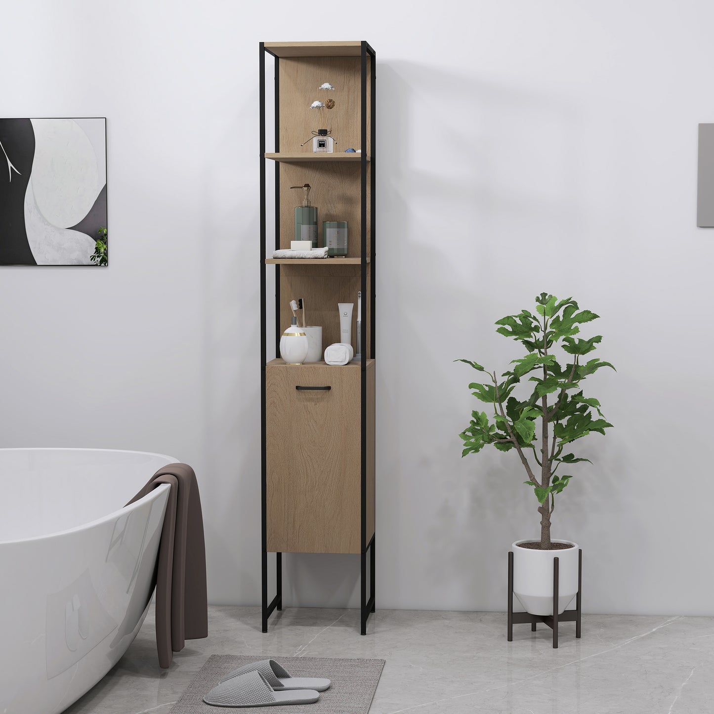 Tall Bathroom Cabinet with 3 Open Shelves Adjustable Shelf, Natural