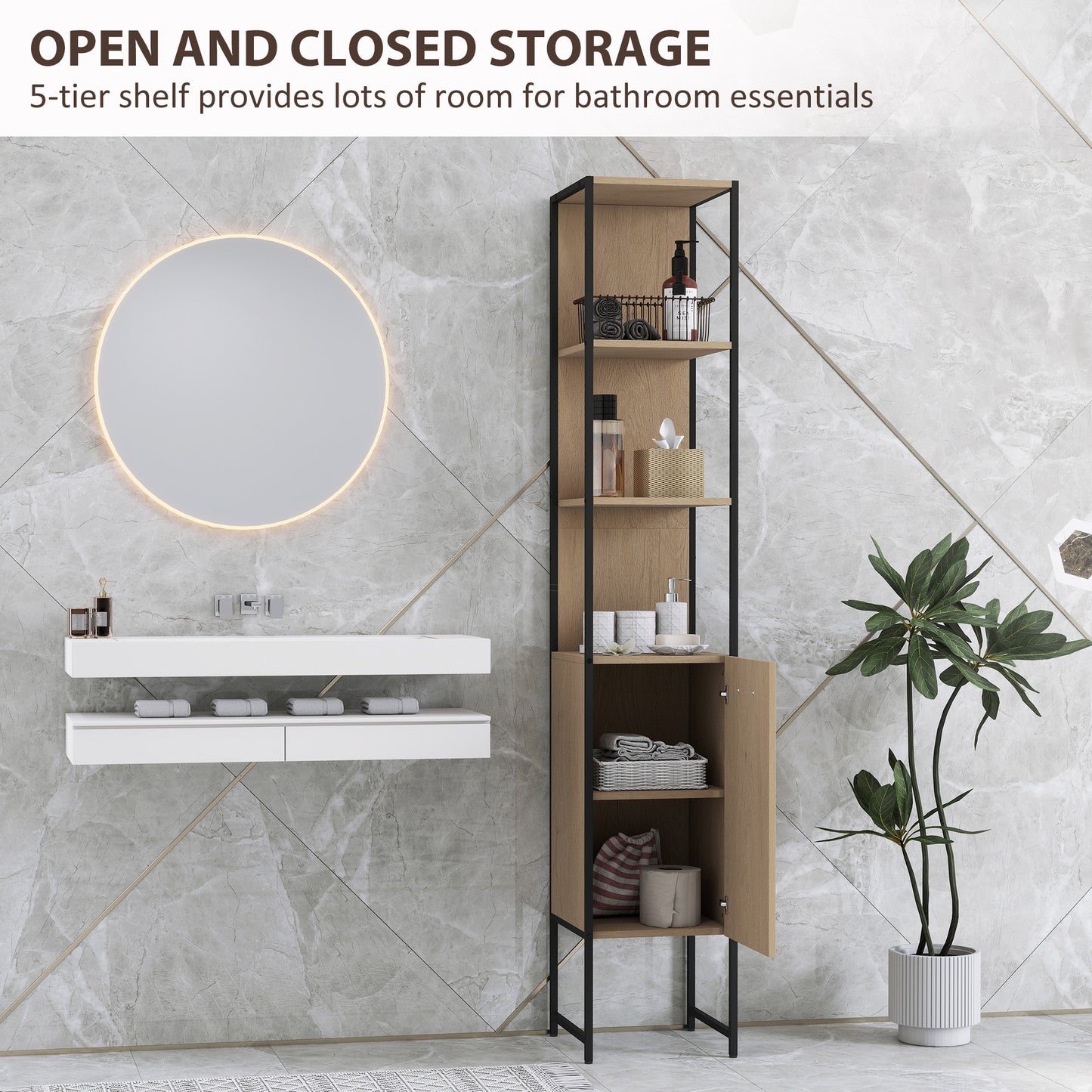 Tall Bathroom Cabinet with 3 Open Shelves Adjustable Shelf, Natural