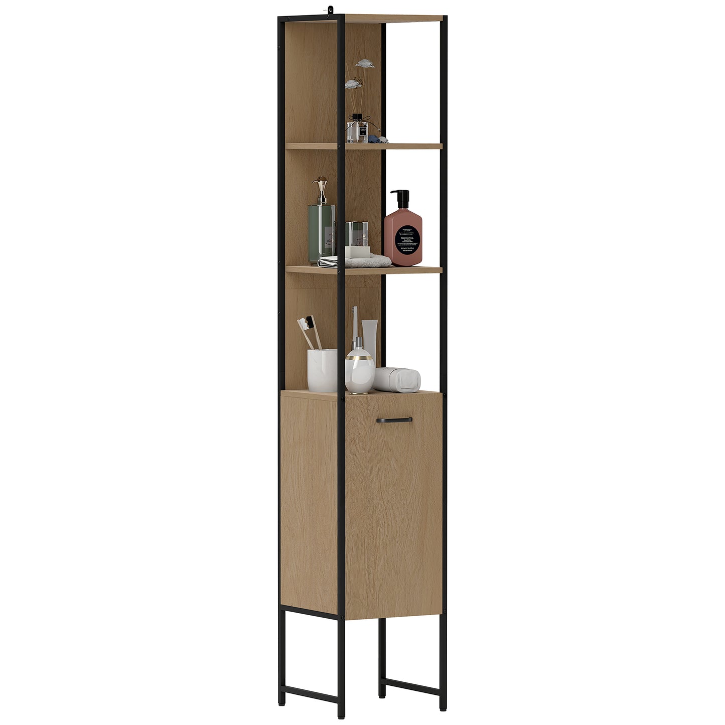 Tall Bathroom Cabinet with 3 Open Shelves Adjustable Shelf, Natural
