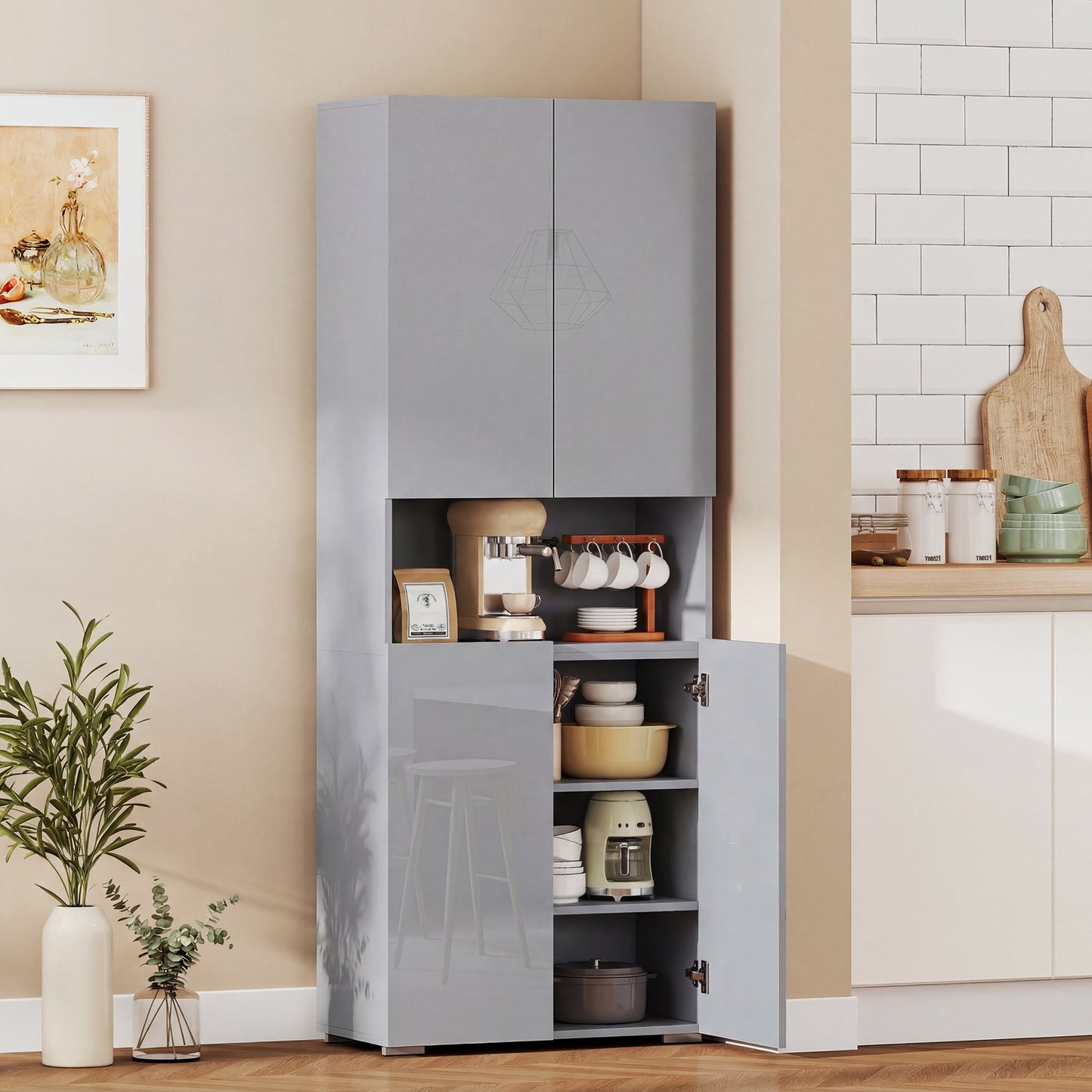 180cm Tall Kitchen Cupboard, Pantry Storage Cabinet, High Gloss Grey