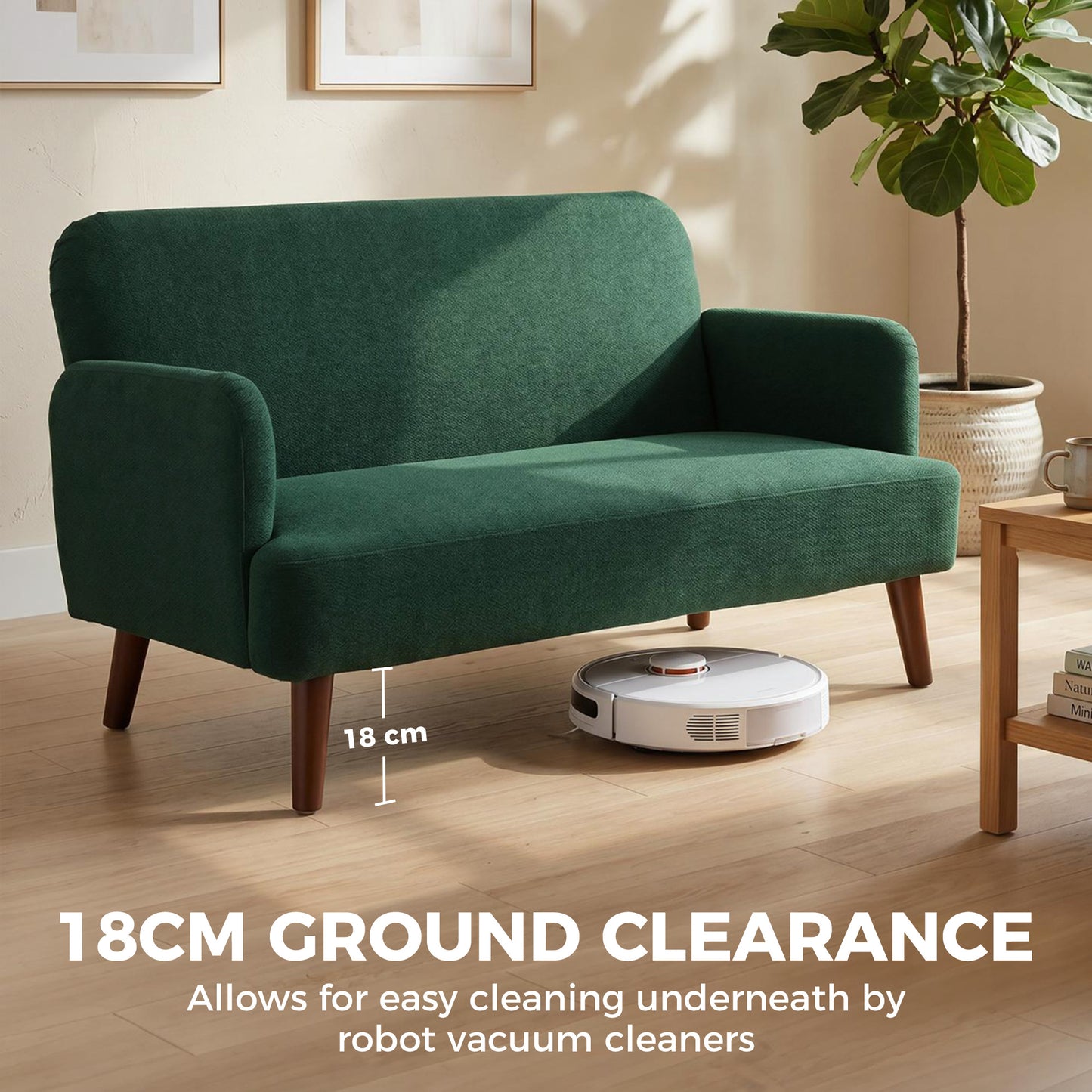 2 Seater Sofa, Small Sofa with 21cm Thick Padding and Wood Legs, Modern Velvet Feel Fabric Loveseat for Living Room, Bedroom, Home Office, Dark Green