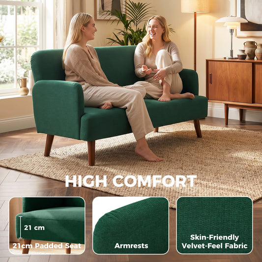 2 Seater Sofa, Small Sofa with 21cm Thick Padding and Wood Legs, Modern Velvet Feel Fabric Loveseat for Living Room, Bedroom, Home Office, Dark Green