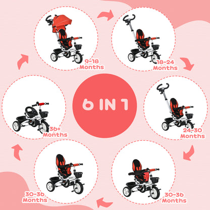 6 in 1 Trike for Toddler 1-5 Years with Parent Handle, Red