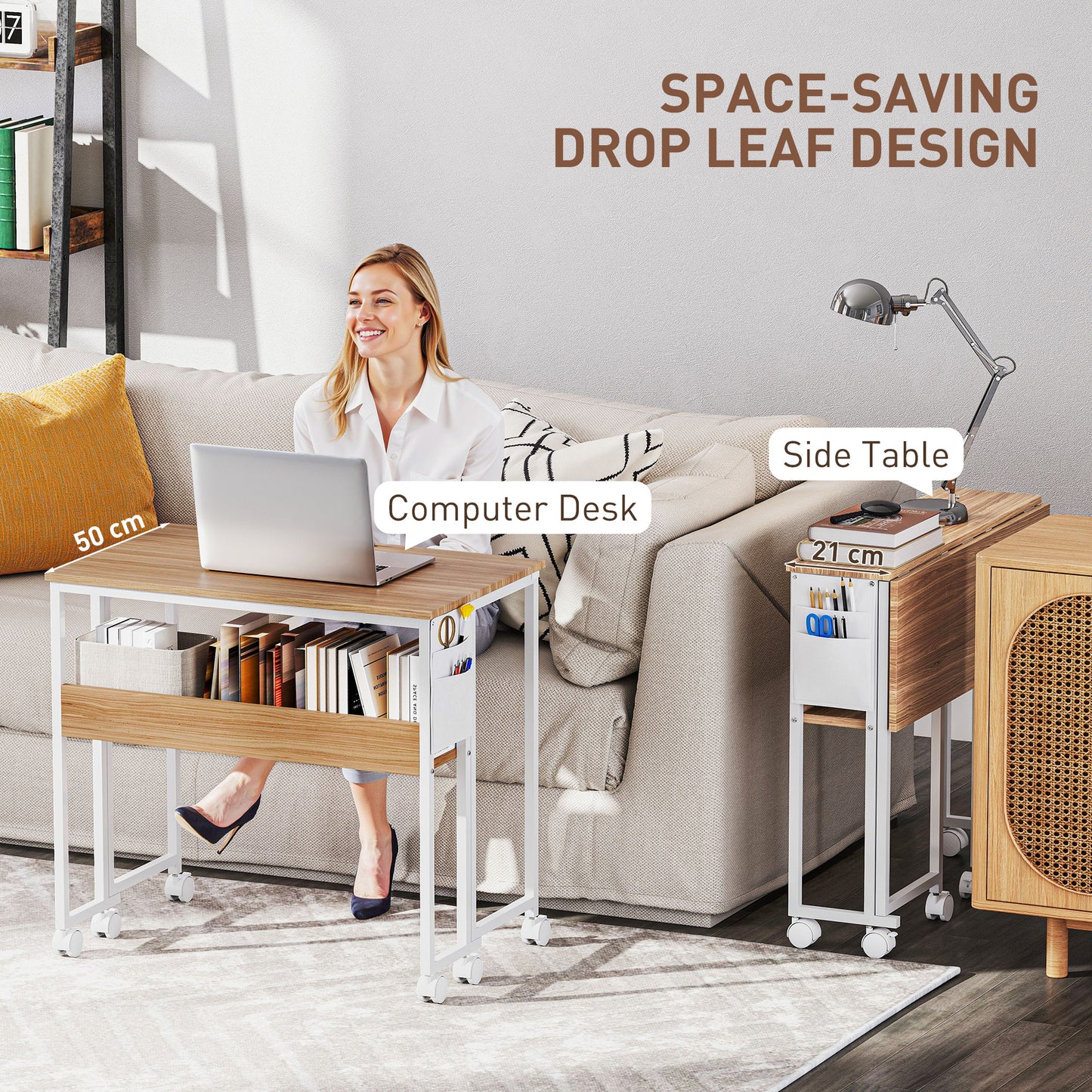 80 cm Foldable Computer Desk on Wheels for Small Spaces Natural