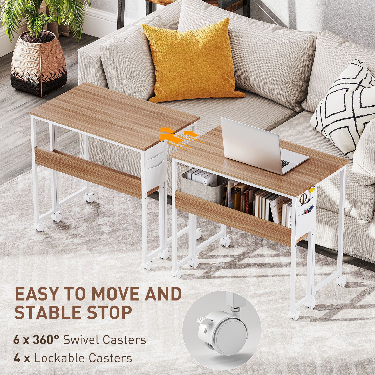 80 cm Foldable Computer Desk on Wheels for Small Spaces Natural