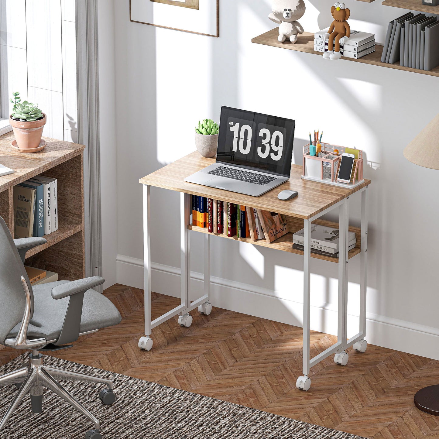 80 cm Foldable Computer Desk on Wheels for Small Spaces Natural