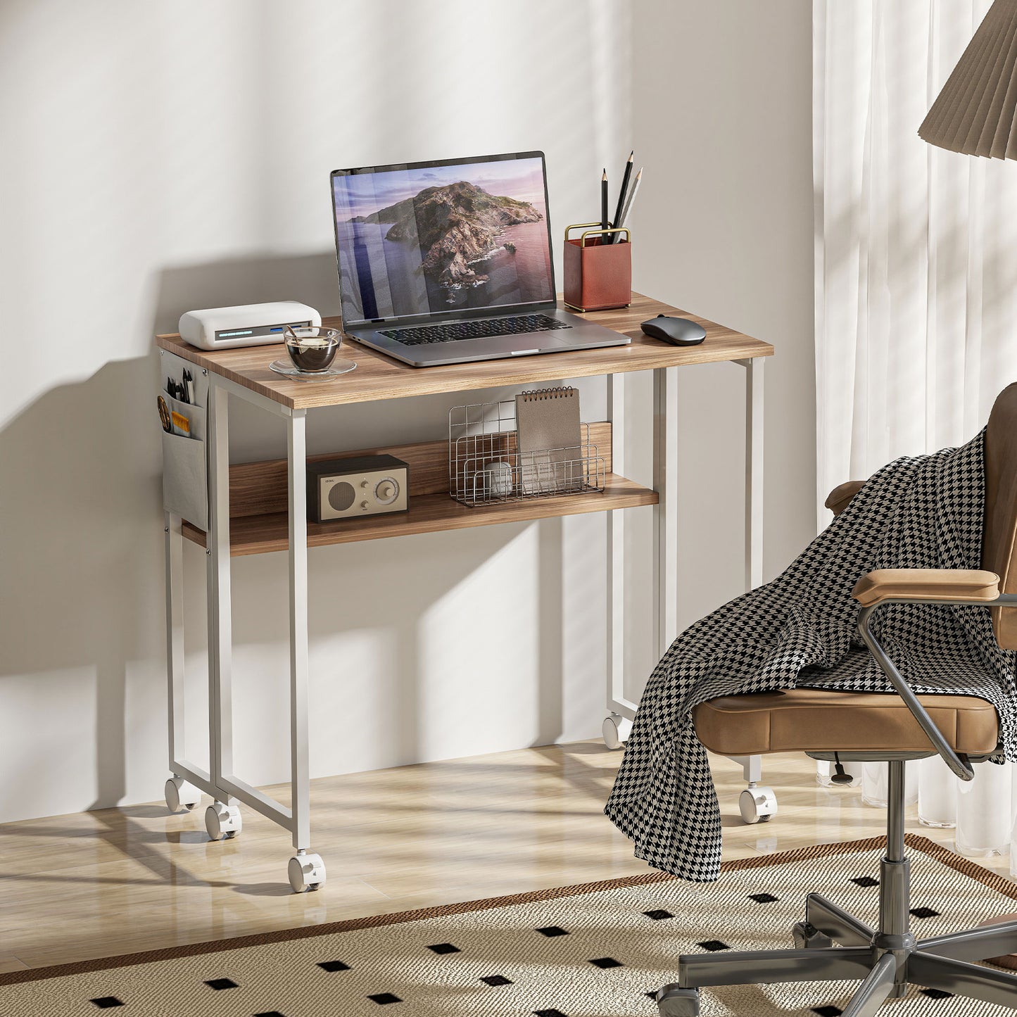 80 cm Foldable Computer Desk on Wheels for Small Spaces Natural