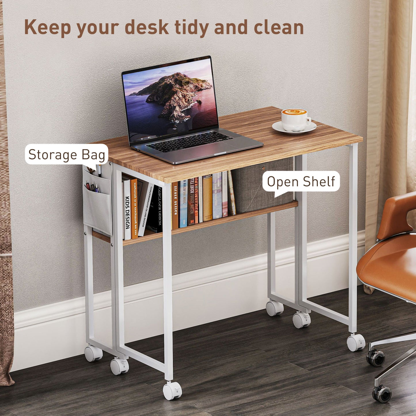 80 cm Foldable Computer Desk on Wheels for Small Spaces Natural