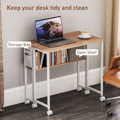 80 cm Foldable Computer Desk on Wheels for Small Spaces Natural