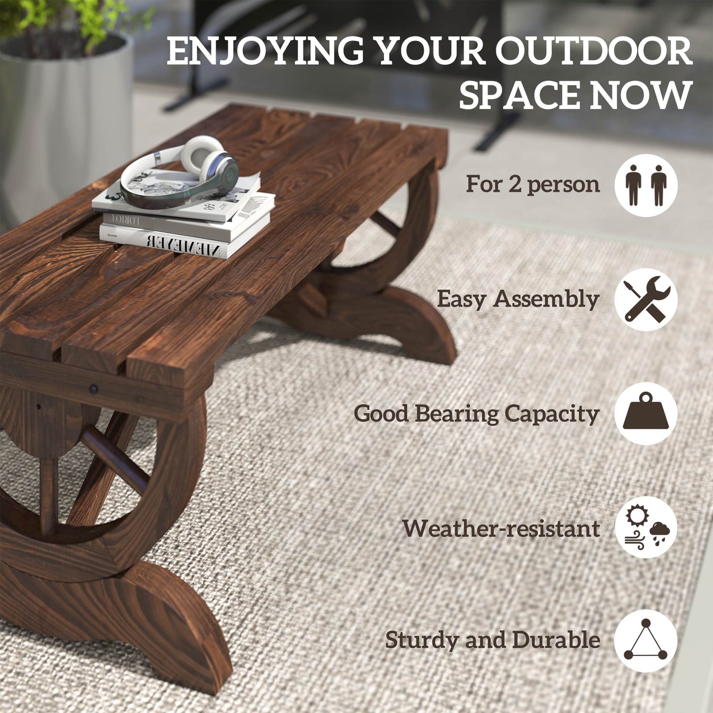 Wooden Wheel Bench Rustic Outdoor Patio Garden Seat 2-Person Brown