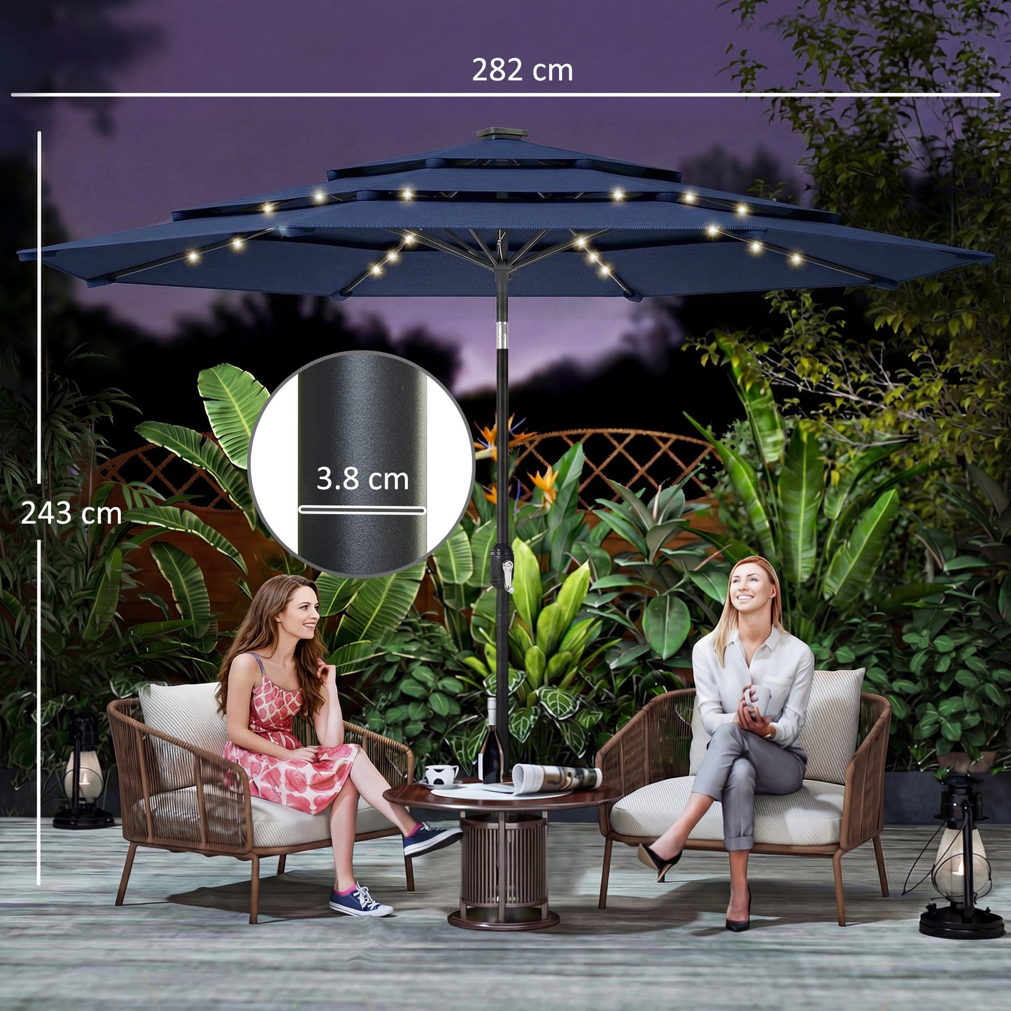 2.8 m Garden Parasol Umbrella with Light, Patio Umbrella, Navy Blue