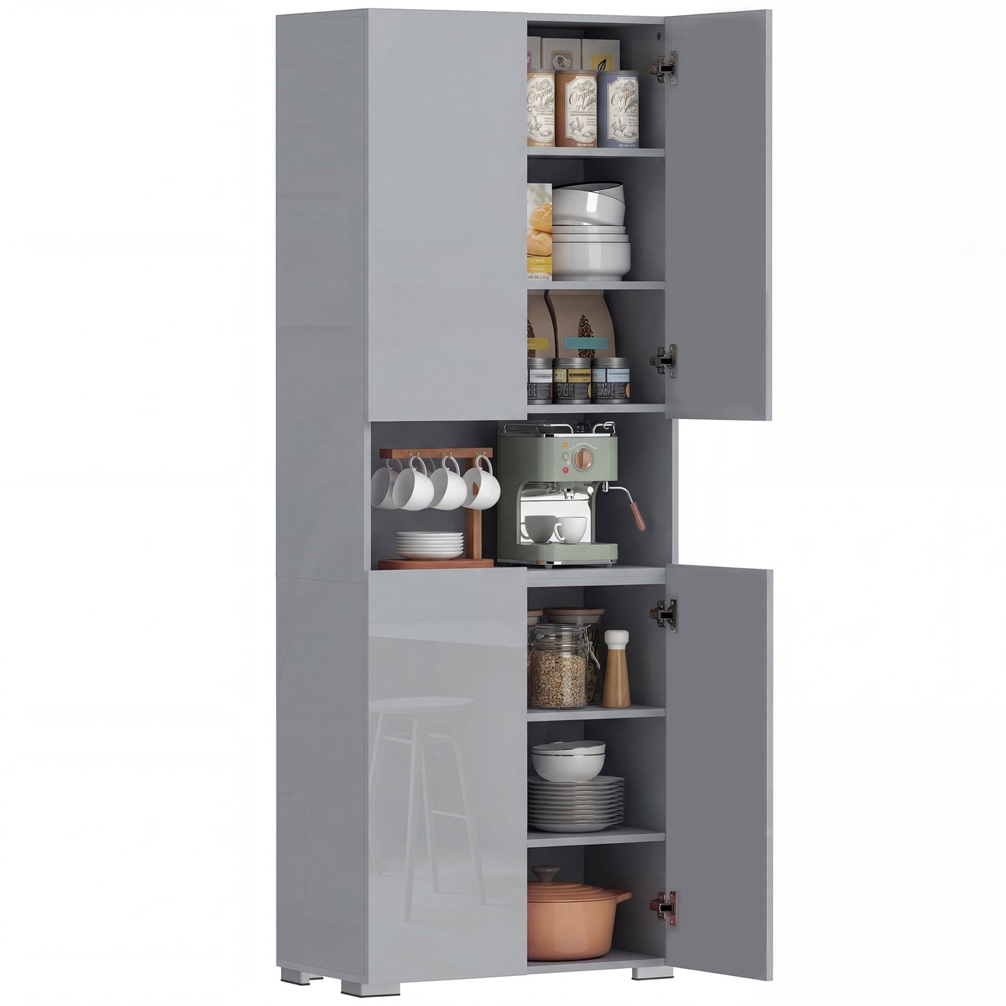 180cm Tall Kitchen Cupboard, Pantry Storage Cabinet, High Gloss Grey