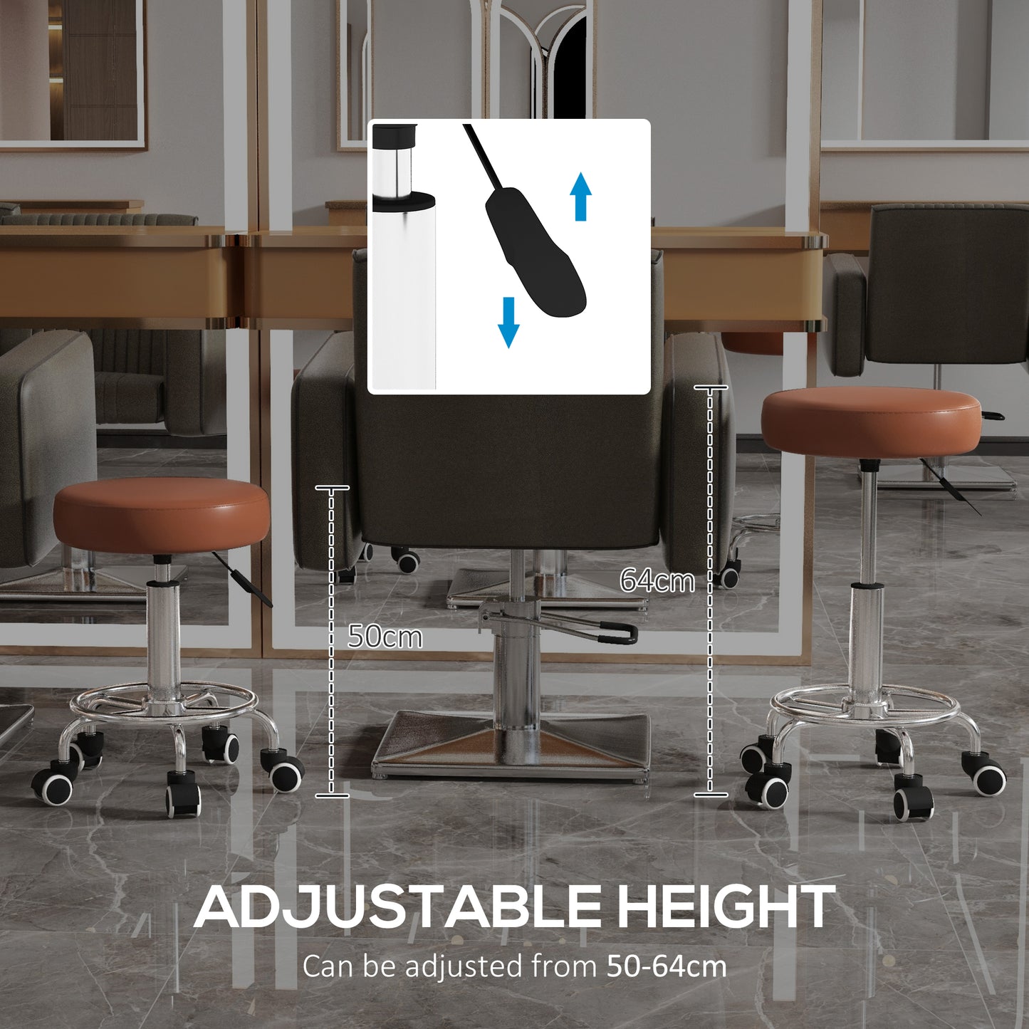 Round PU leather Salon Beautician Stool Adjustable Height, Brown