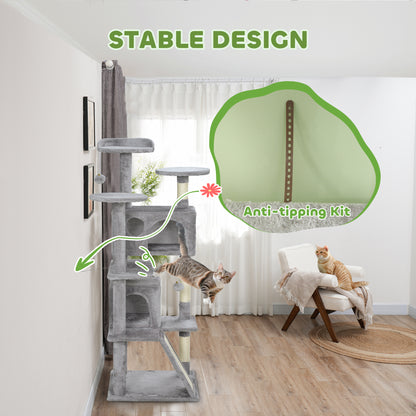 138cm Cat Tree with Scratching Posts and Pad, Bed, Condos, Light Grey