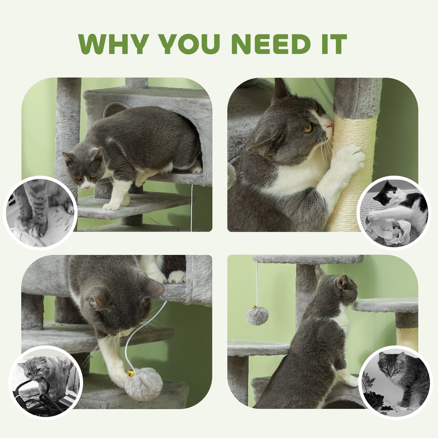138cm Cat Tree with Scratching Posts and Pad, Bed, Condos, Light Grey