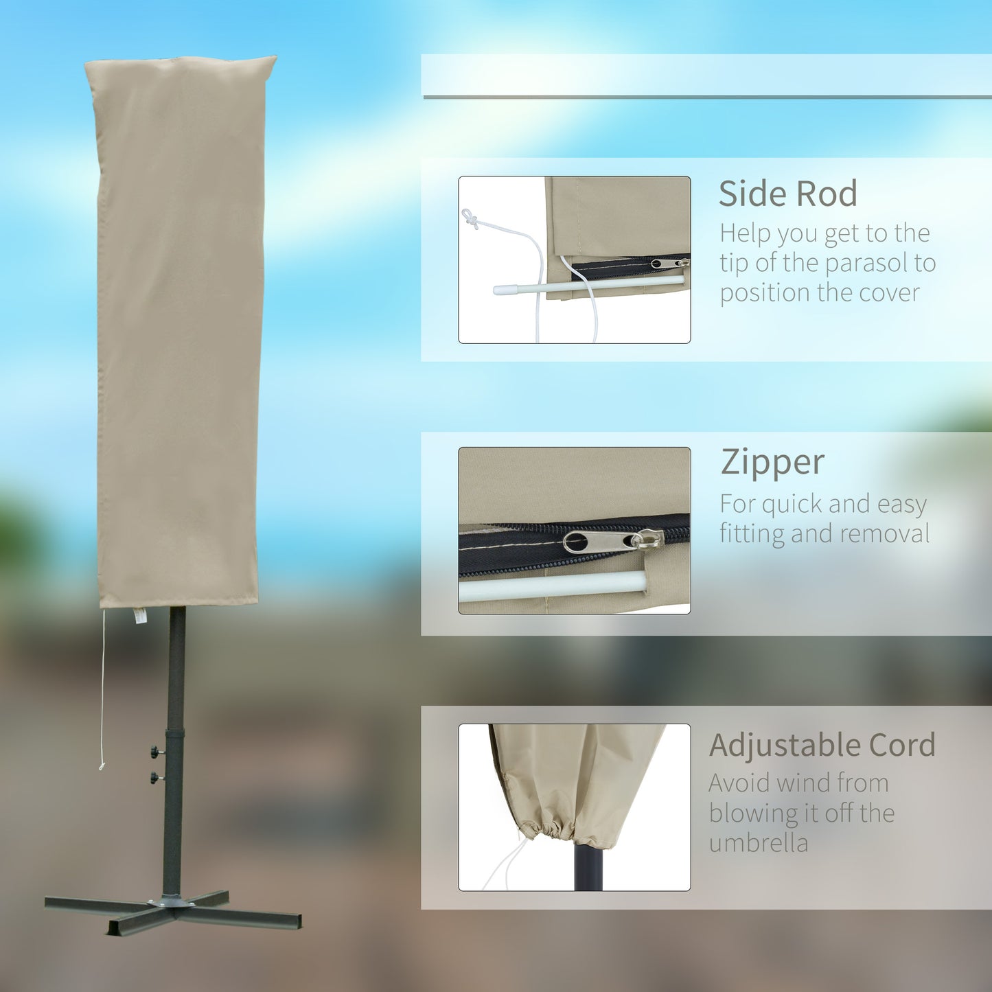 Garden Parasol Cover for 2-4m Outdoor Umbrella Protector w/ Rod, Zipper