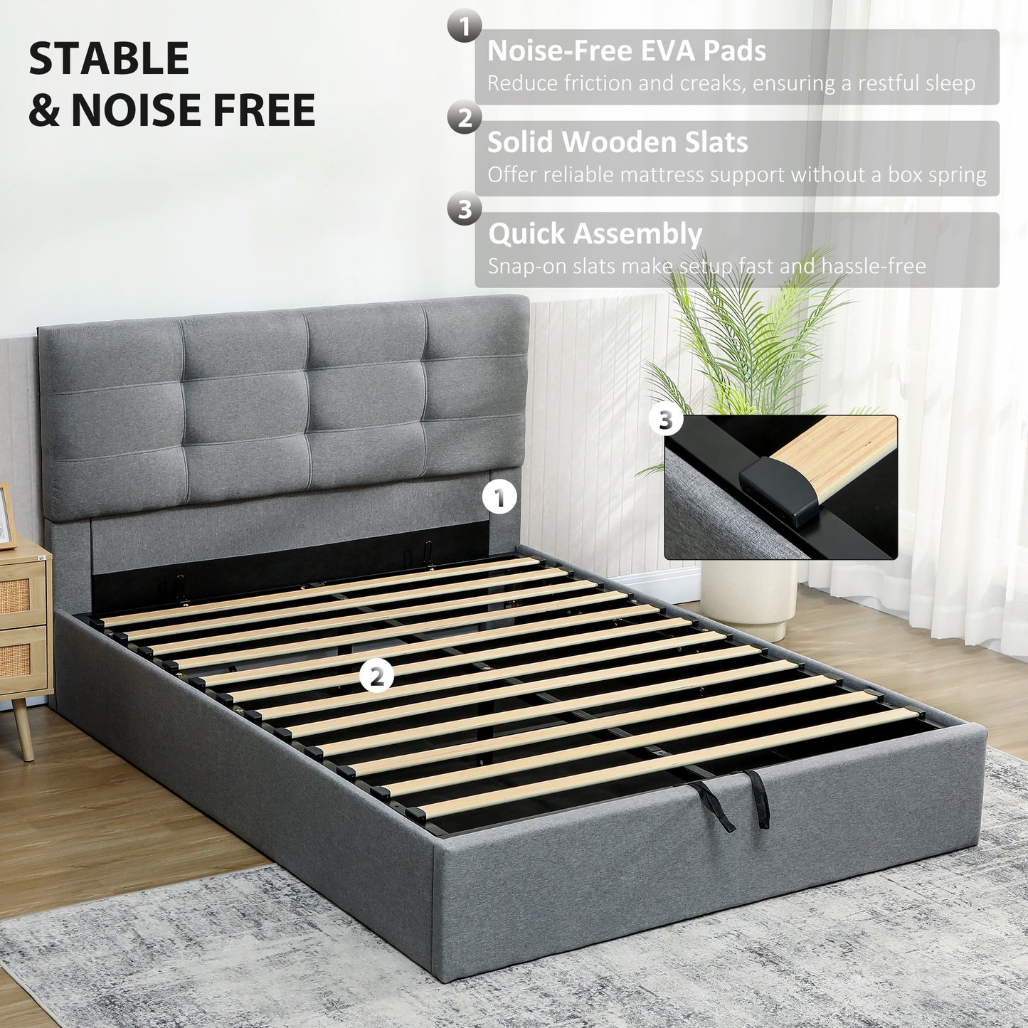 Upholstered Ottoman Bed, 5ft King Storage Bed Frame, Grey