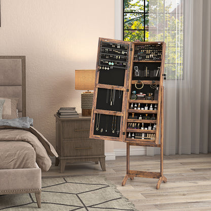 Mirrored Jewellery Cabinet W/ LED Light Lockable Jewellery Rustic Brown
