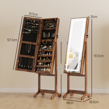 Mirrored Jewellery Cabinet W/ LED Light Lockable Jewellery Rustic Brown