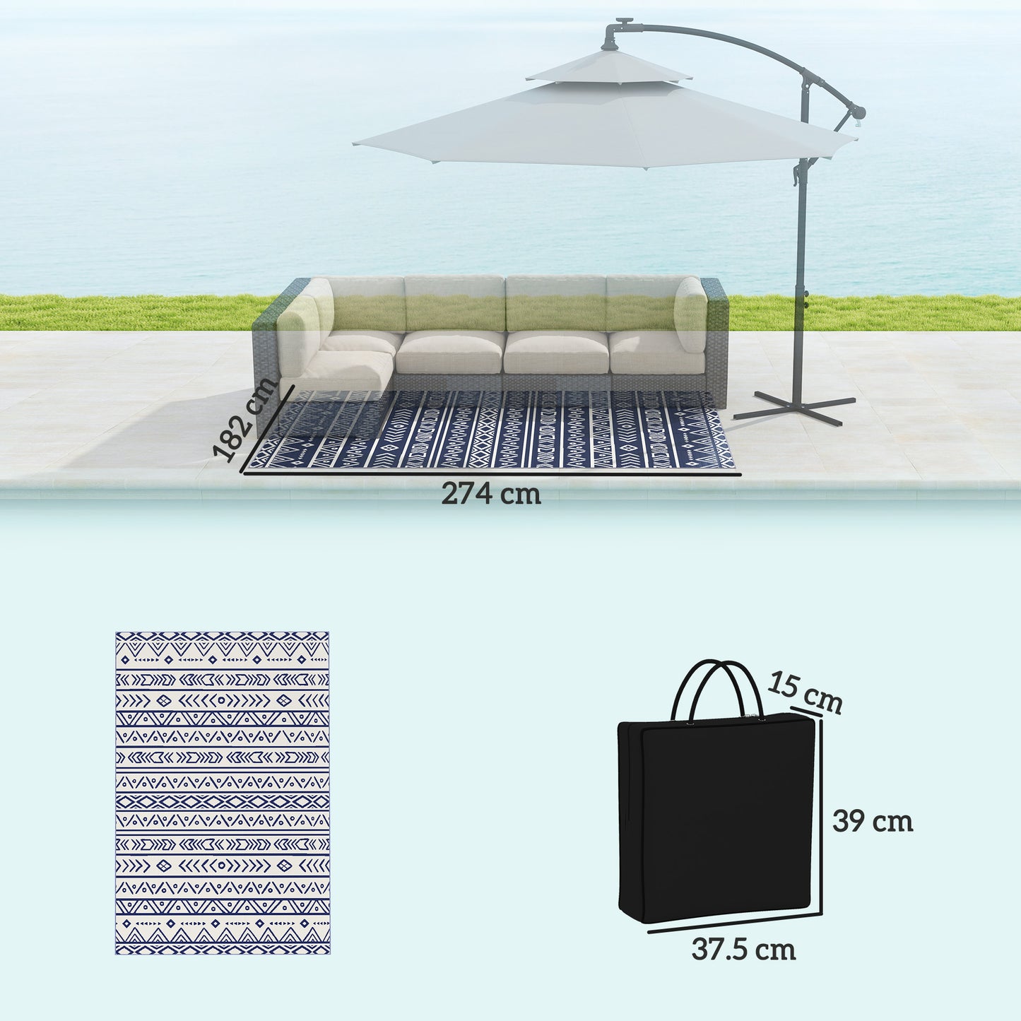 1.8 x 2.7m Reversible Outdoor RV Rug, Geometric, Blue and White