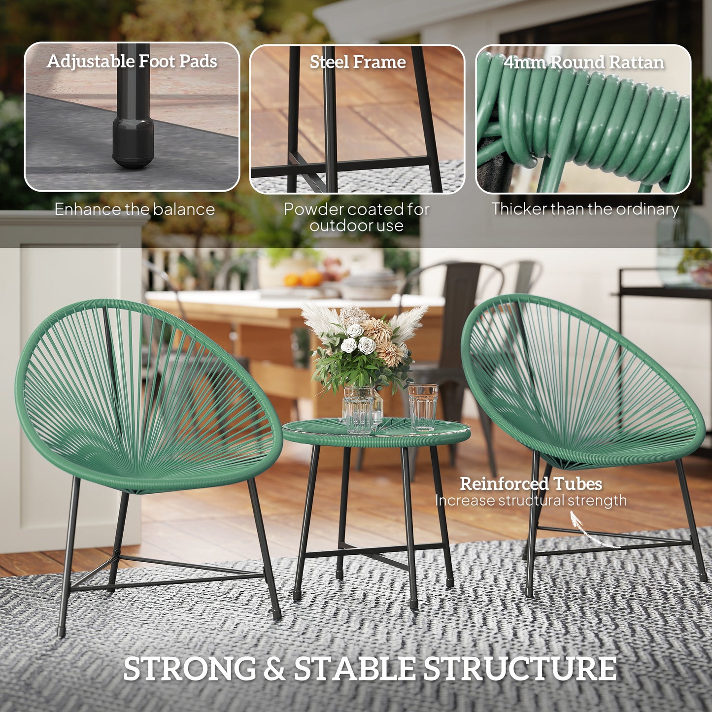 Rattan Bistro Set with Acapulco Chairs and Glass Table, Green