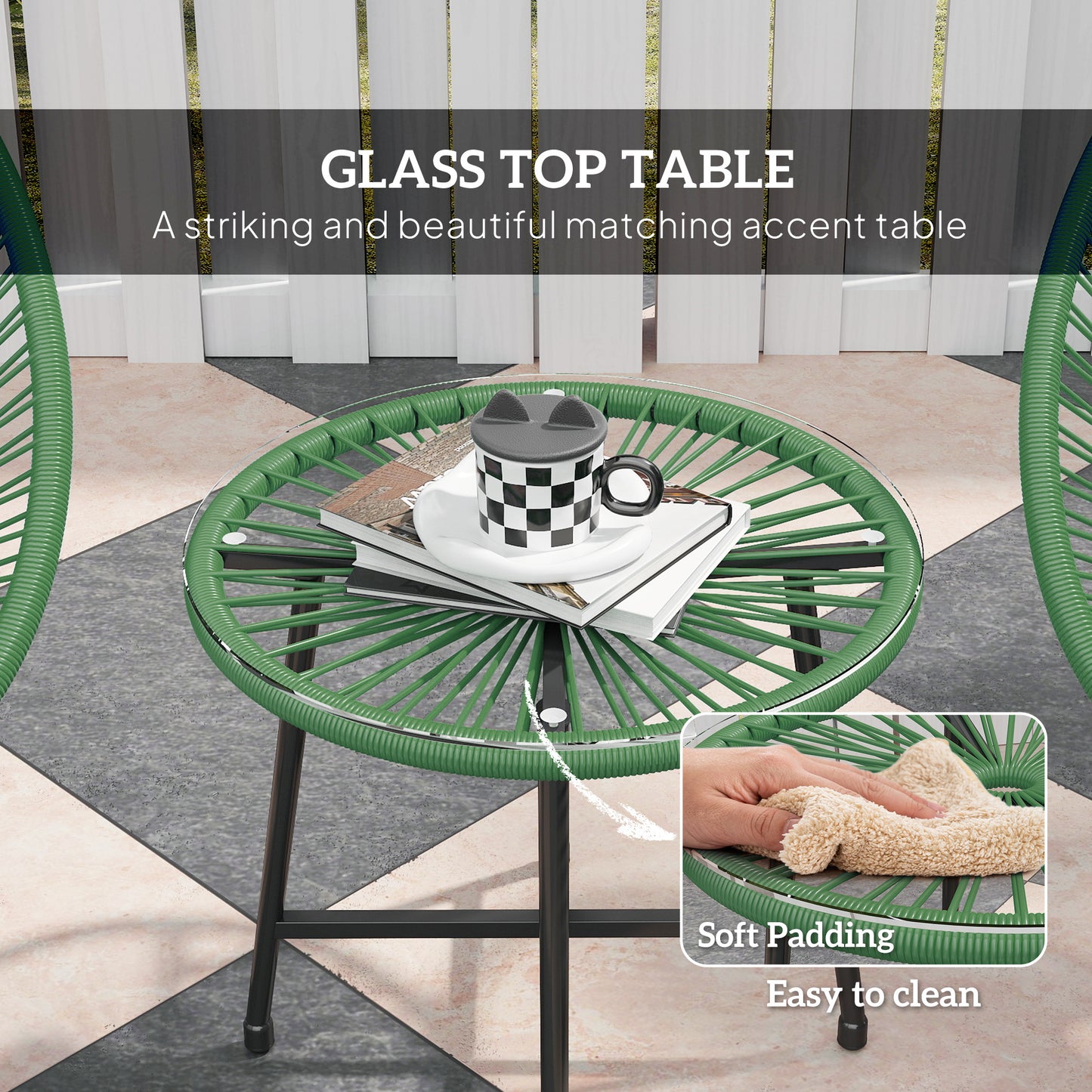 Rattan Bistro Set with Acapulco Chairs and Glass Table, Green