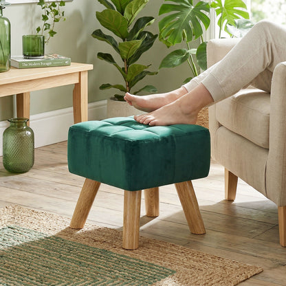 Modern Footstool, Fabric Foot Rest with Rubber Wood Legs, Dark Green