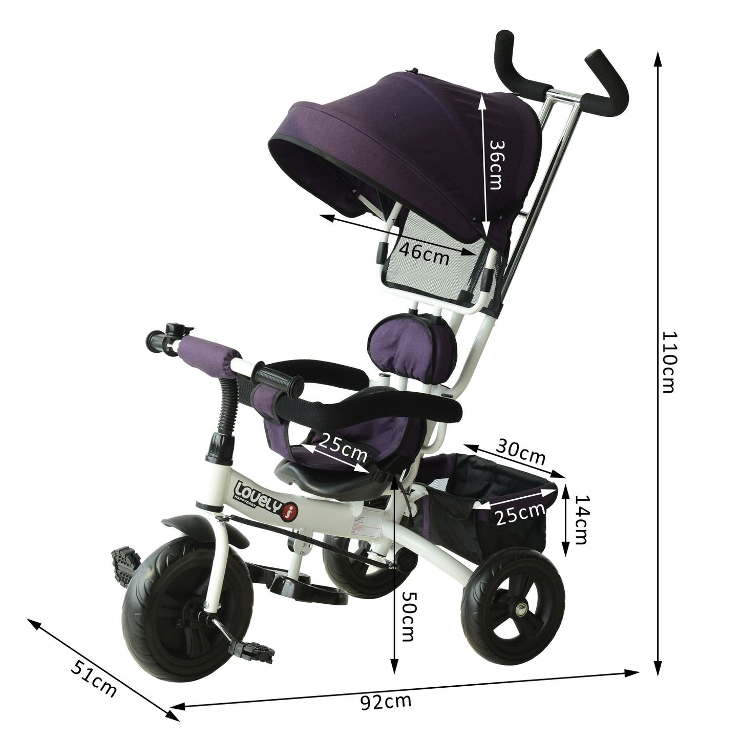 Baby Tricycle W/Handle-White/Purple