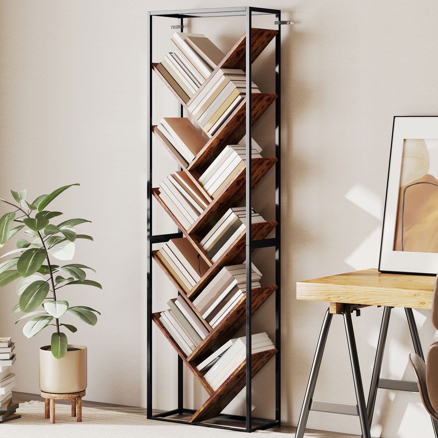 10 Tier Tree Bookshelf Industrial Tall Bookcase Rustic Brown Black
