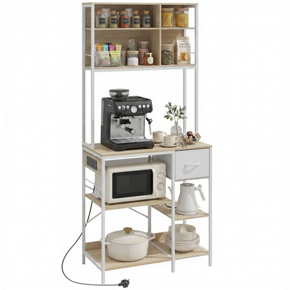 Kitchen Baker's Rack, Microwave Stand with Storage Shelves and 6 Hooks for Small Spaces, Kitchen Storage Unit for Spices, Pots and Pans, 80 x 40 x 181 cm, Oak