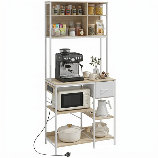 Kitchen Baker's Rack, Microwave Stand with Storage Shelves and 6 Hooks for Small Spaces, Kitchen Storage Unit for Spices, Pots and Pans, 80 x 40 x 181 cm, Oak