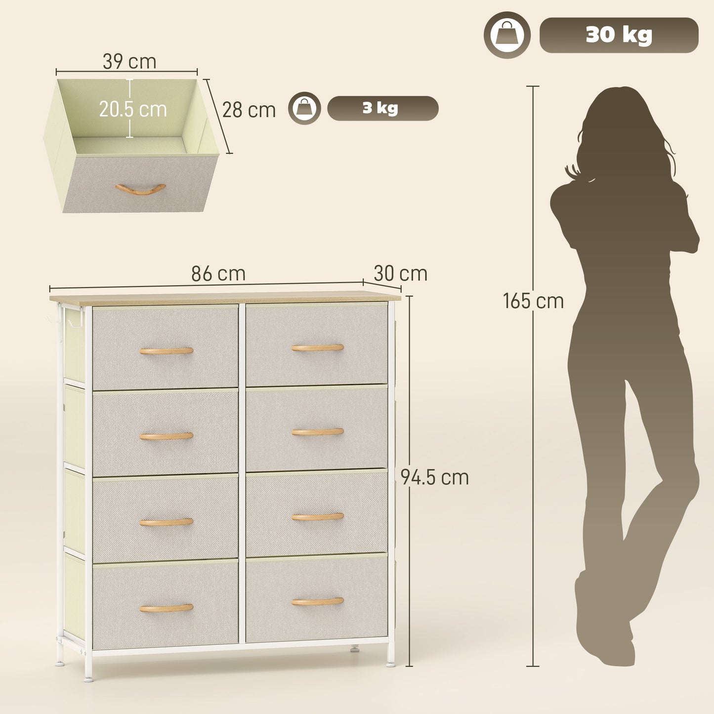 Fabric Chest of Drawers, 8 Drawer Dresser for Bedroom, Beige