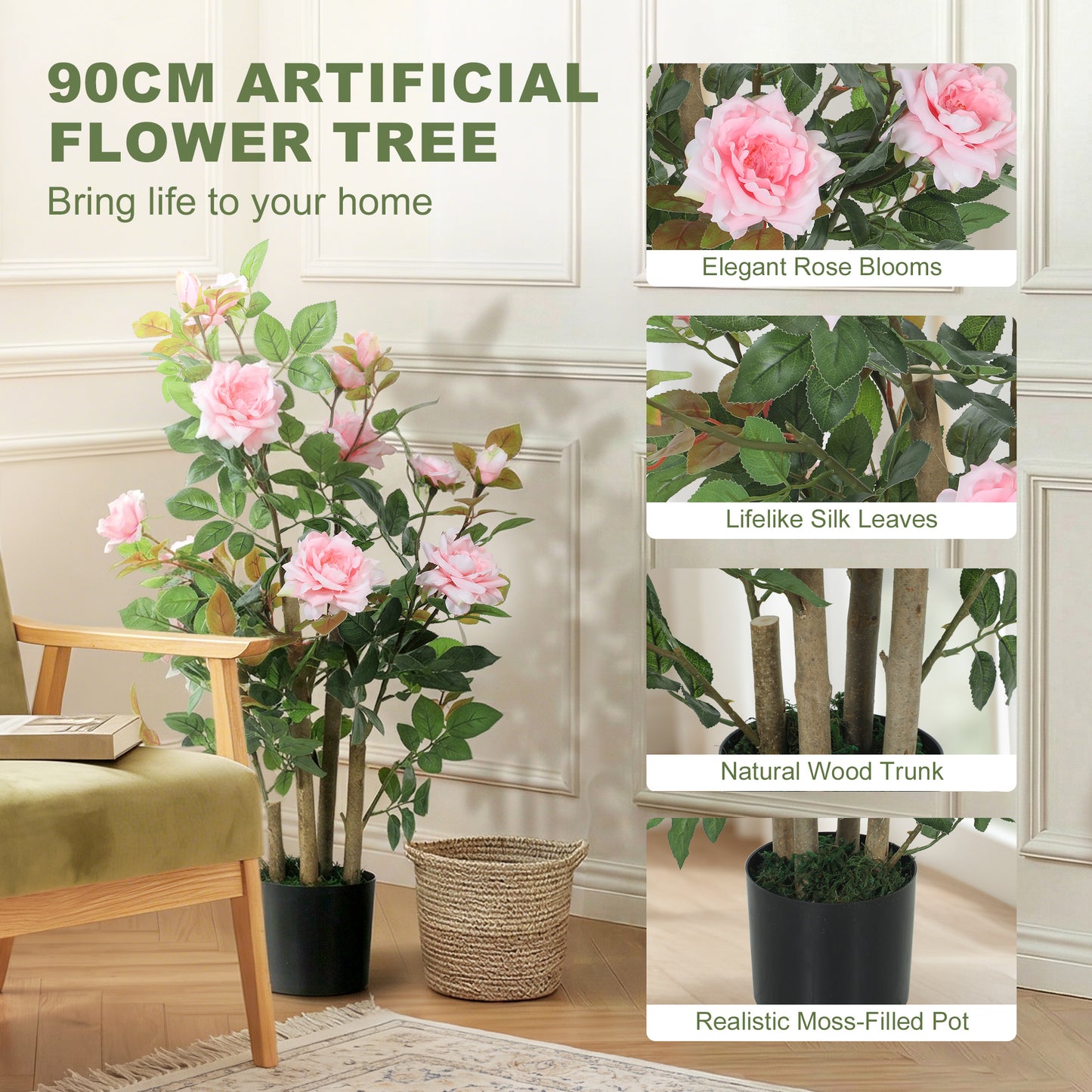 90cm Artificial Rose Tree with 344 Silk Leaves and 17 Flowers, Pink
