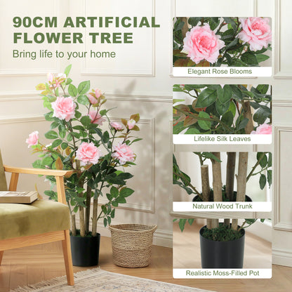 90cm Artificial Rose Tree with 344 Silk Leaves and 17 Flowers, Pink