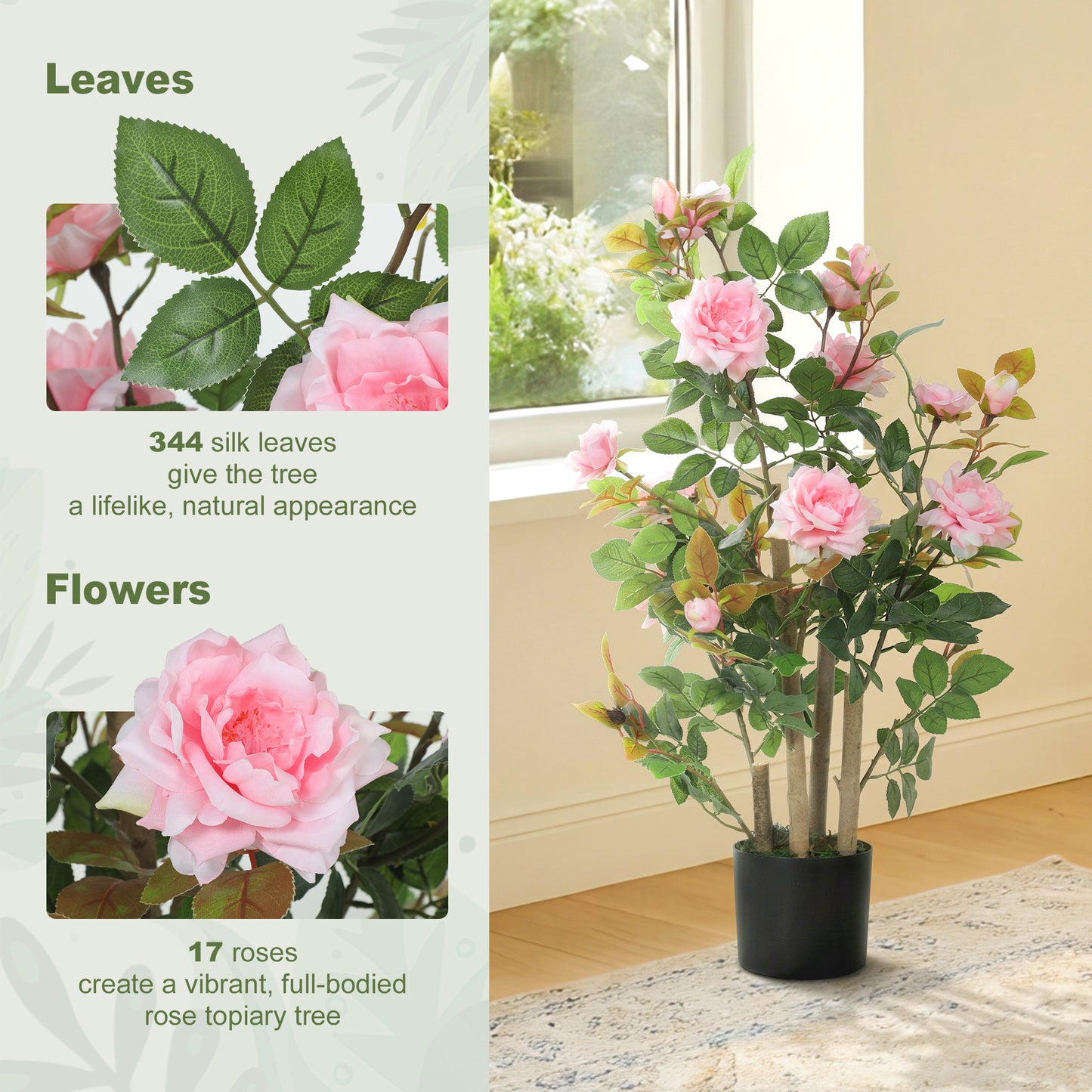 90cm Artificial Rose Tree with 344 Silk Leaves and 17 Flowers, Pink