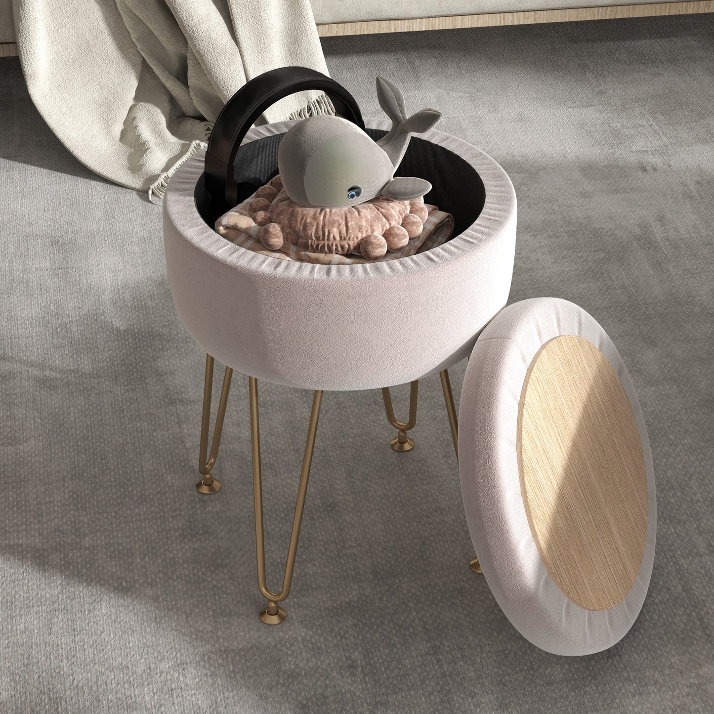 5L Velvet Footstool with Removable Lid for Bedroom, Light Pink