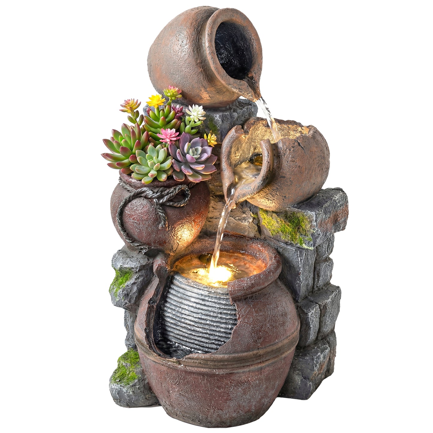 Outdoor Fountain with LED Lights, 4-Tier Garden Fountain